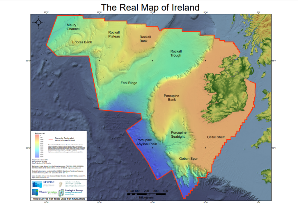 Map showing the real map of Ireland with its marine territory.